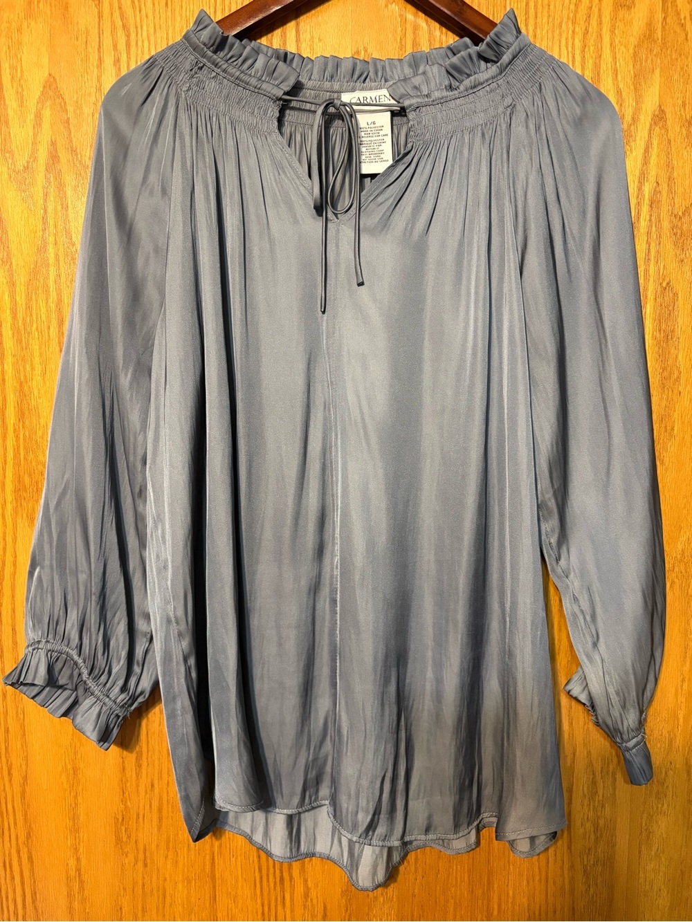 Carmen Marc Valvo Slate Blue Satin Smocked Tie-Neck Blouse